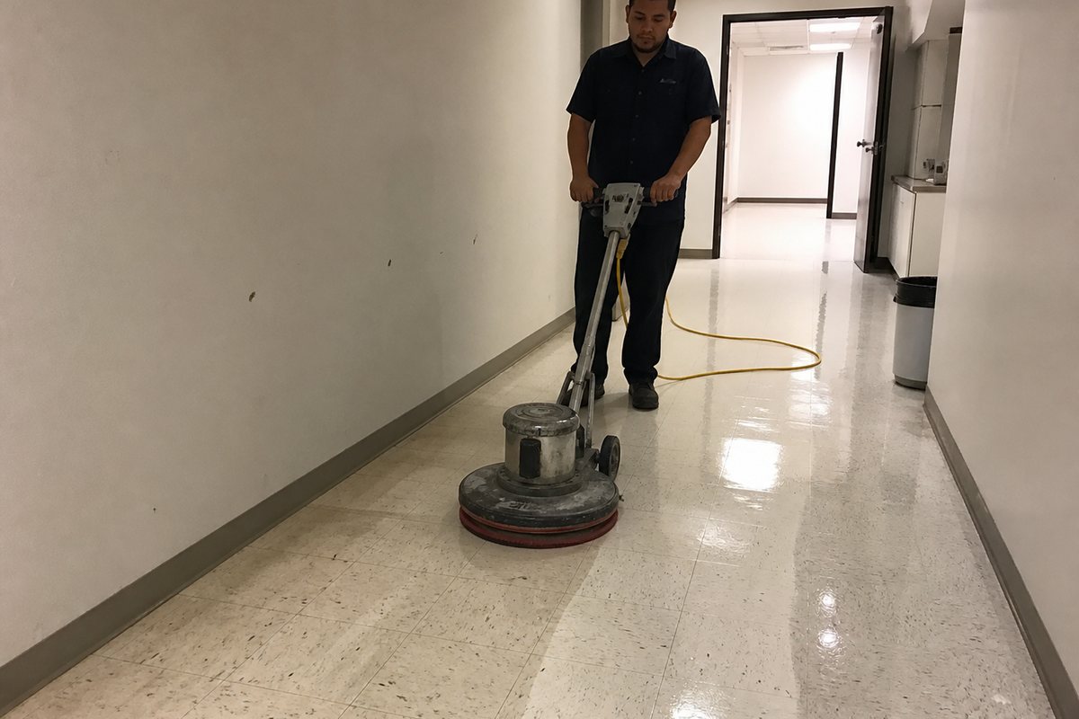 Cleaner operating a floor buffer in a commercial hallway