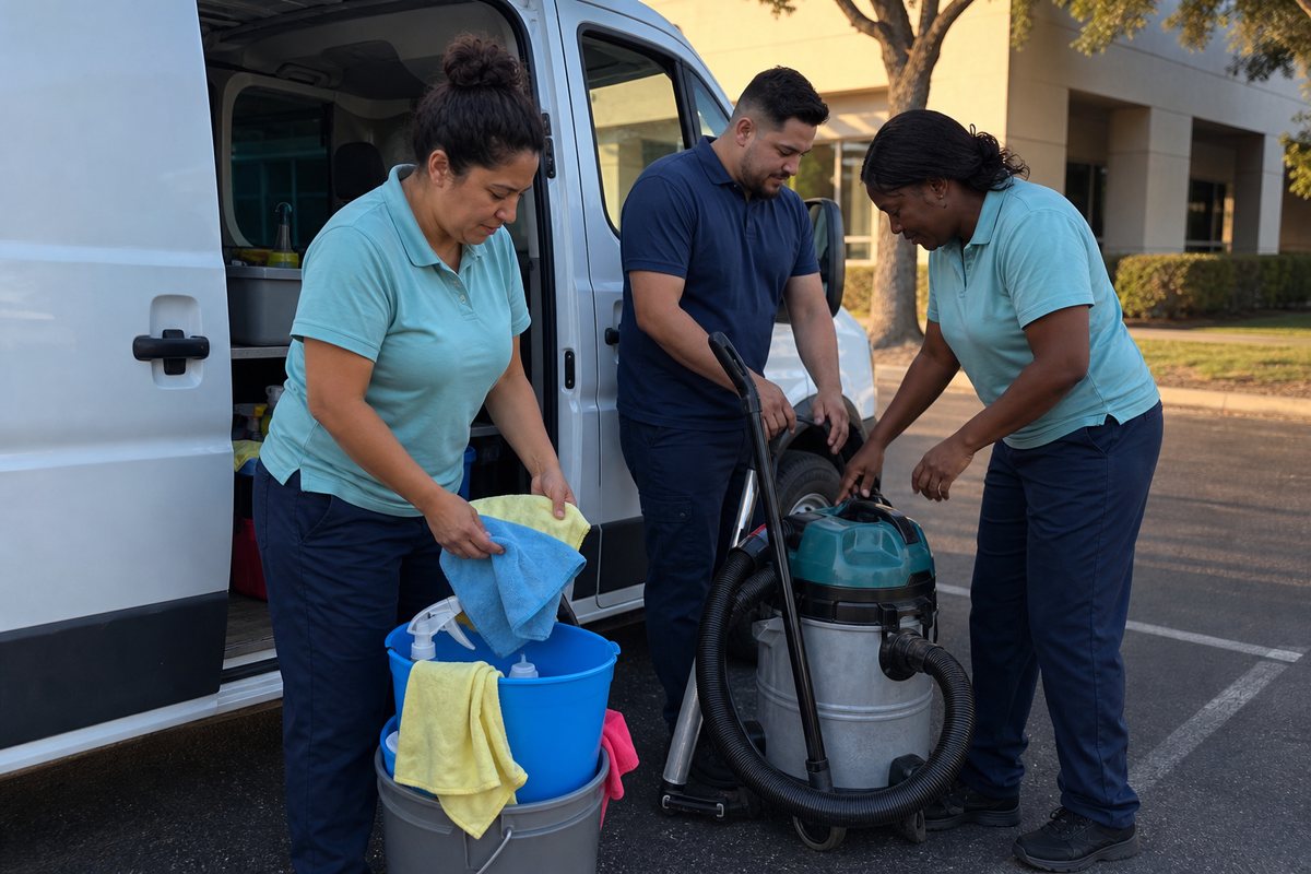 Local commercial cleaning crew preparing for a job