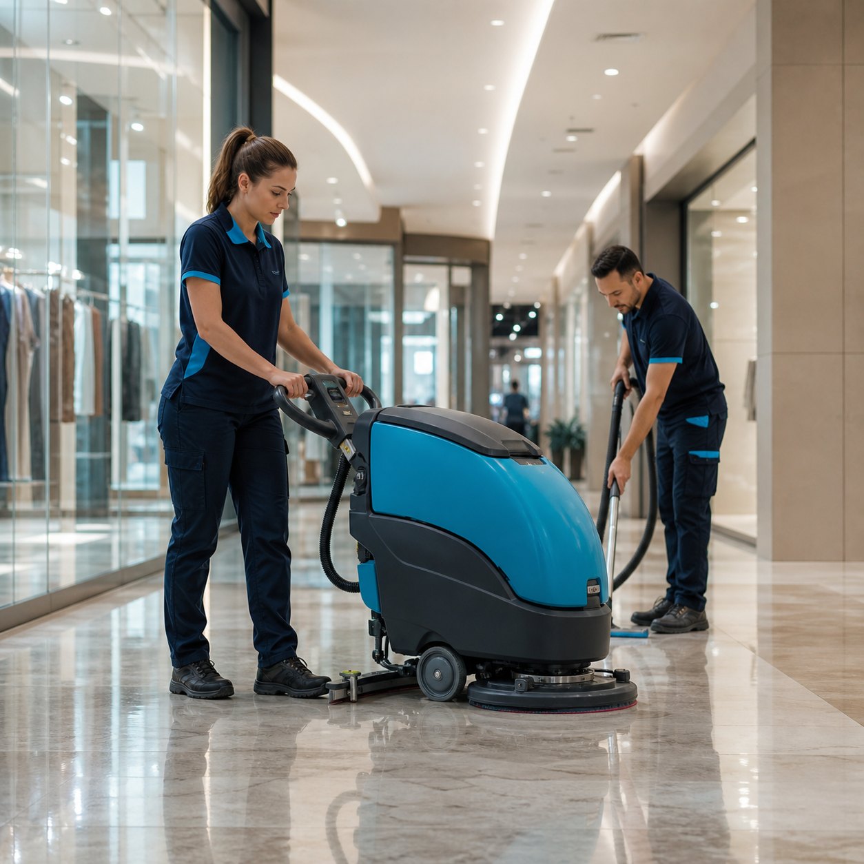 Professional commercial cleaners caring for a shopping mall floor
