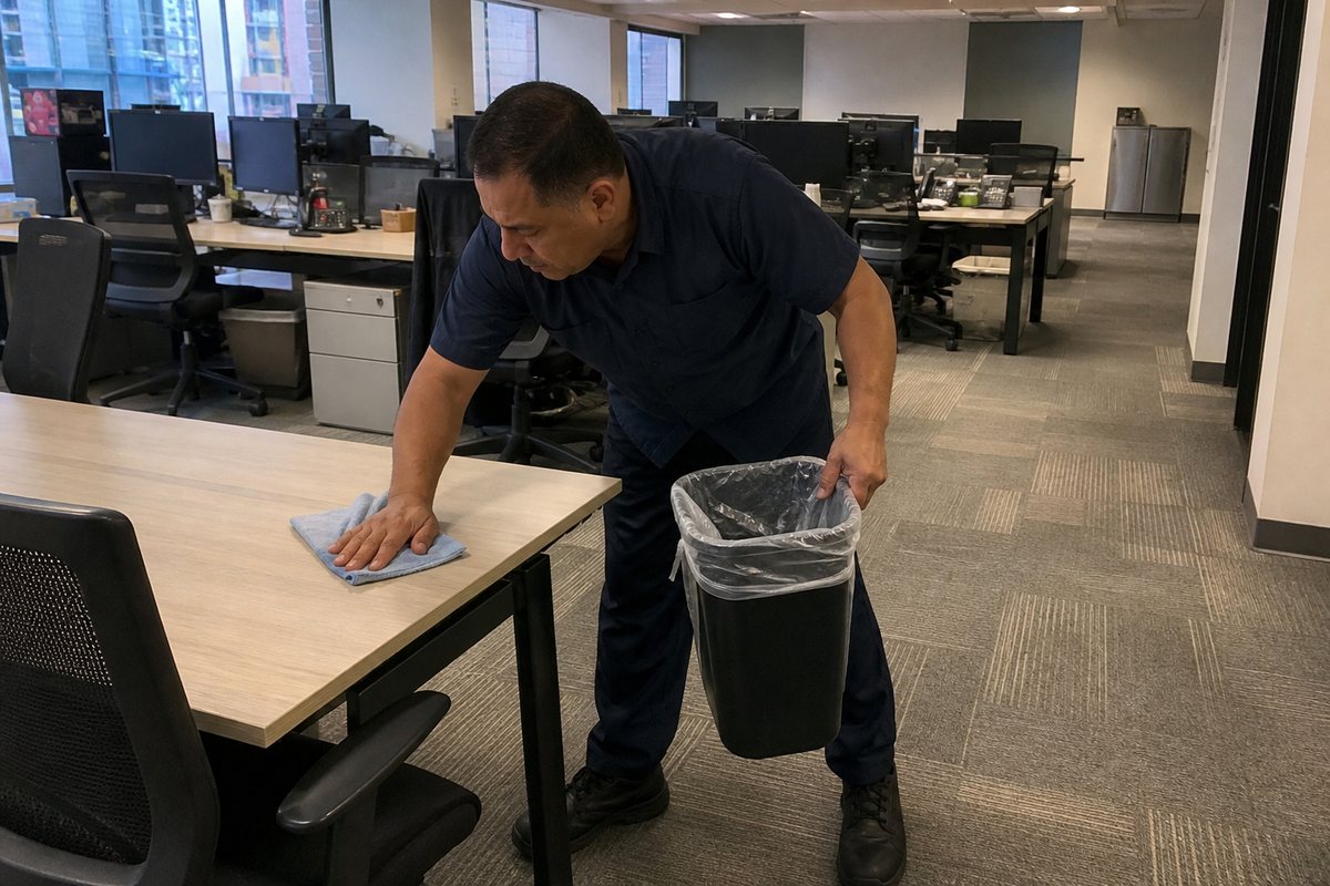 Cleaner tidying a commercial office after business hours